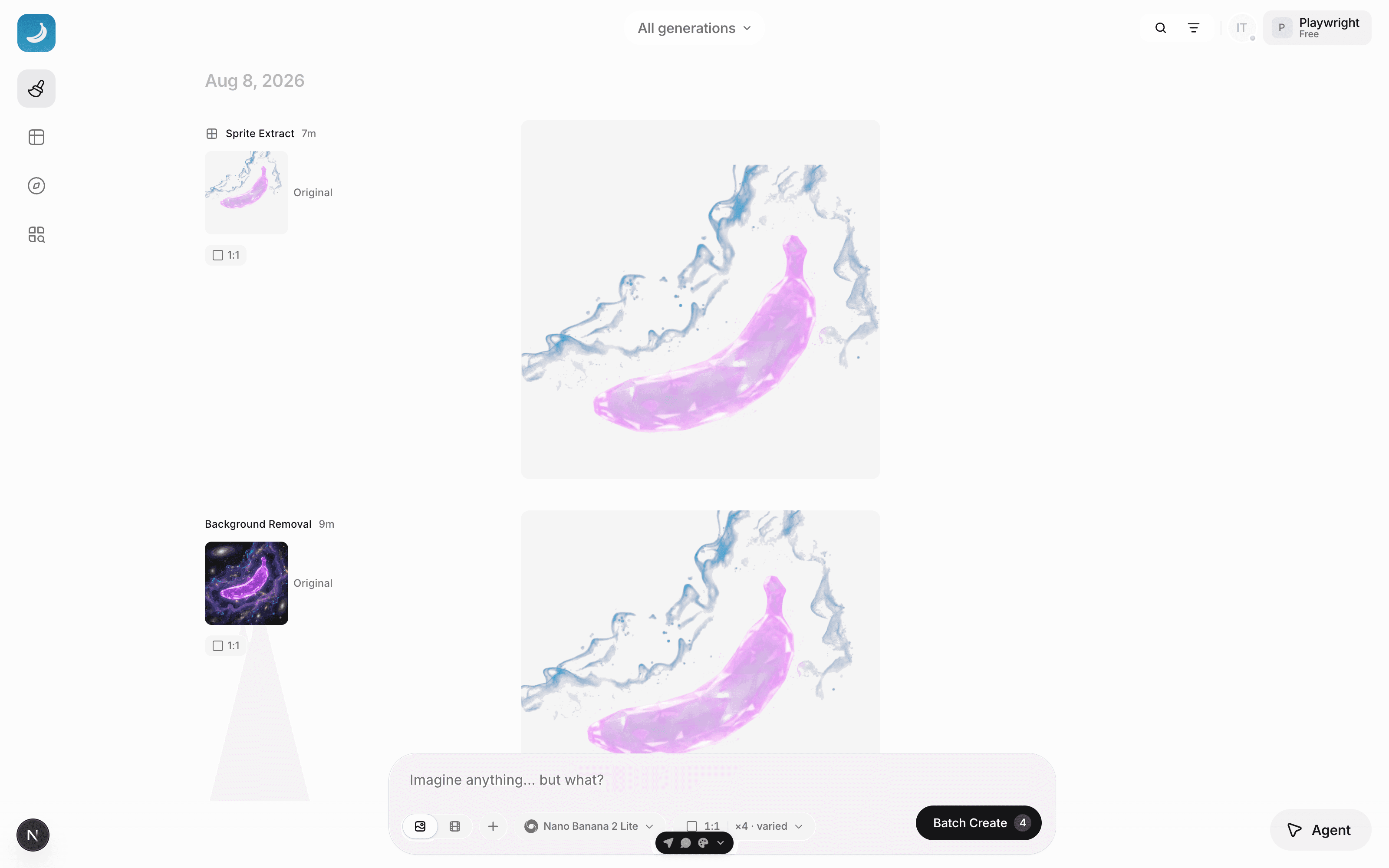 The Batch Banana create page, showing a prompt composer and a grid of generated images