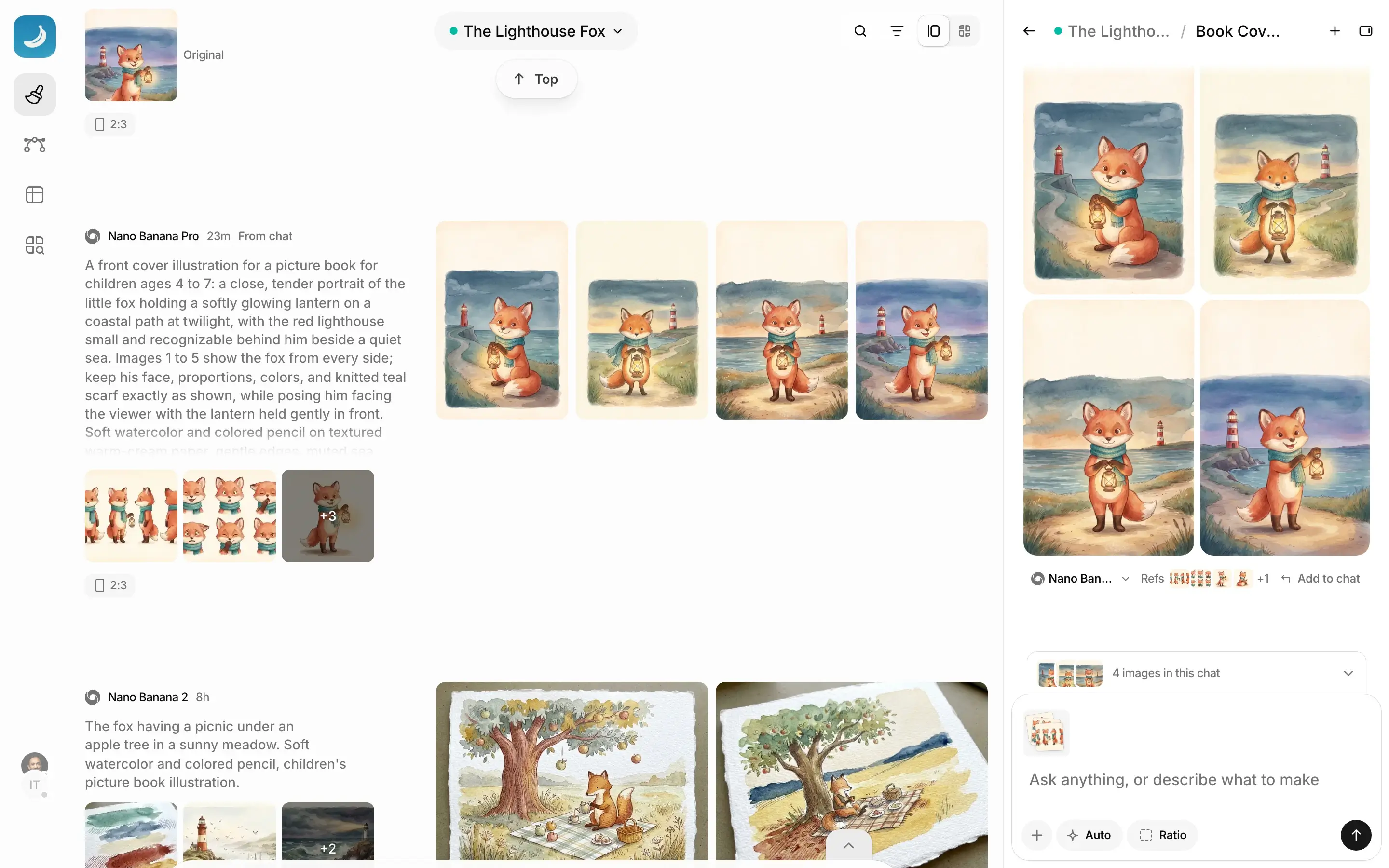 The workspace on a desktop display: Lighthouse Fox book covers in the feed, the Agent chat beside them