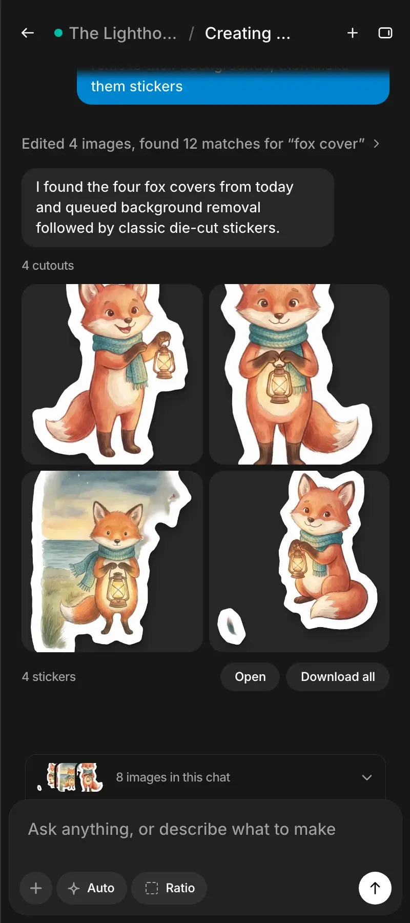 The same workspace on a phone: Agent turning four fox covers into stickers