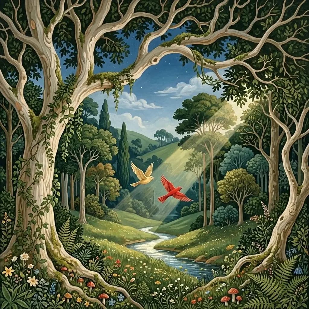 Painted woodland: a yellow bird and a red bird flying through a sunbeam over a stream, framed by arching trees