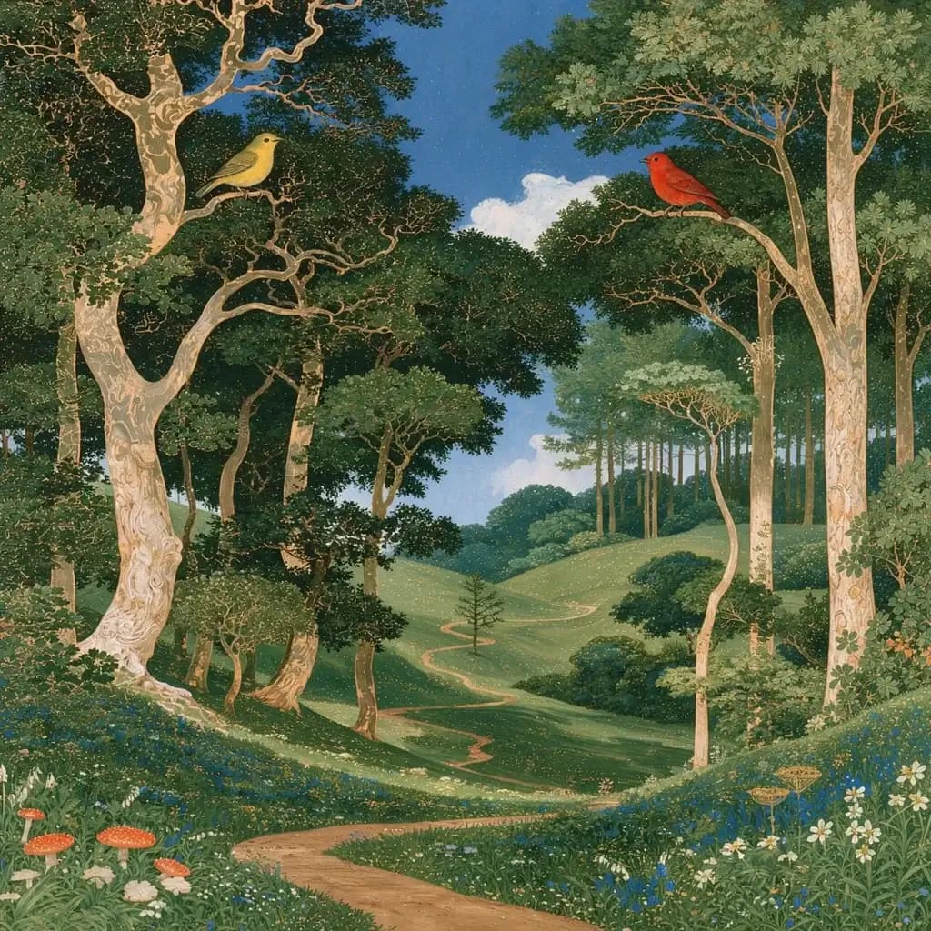 Painted woodland: a yellow bird and a red bird in tall pale trees above a path, with red mushrooms below