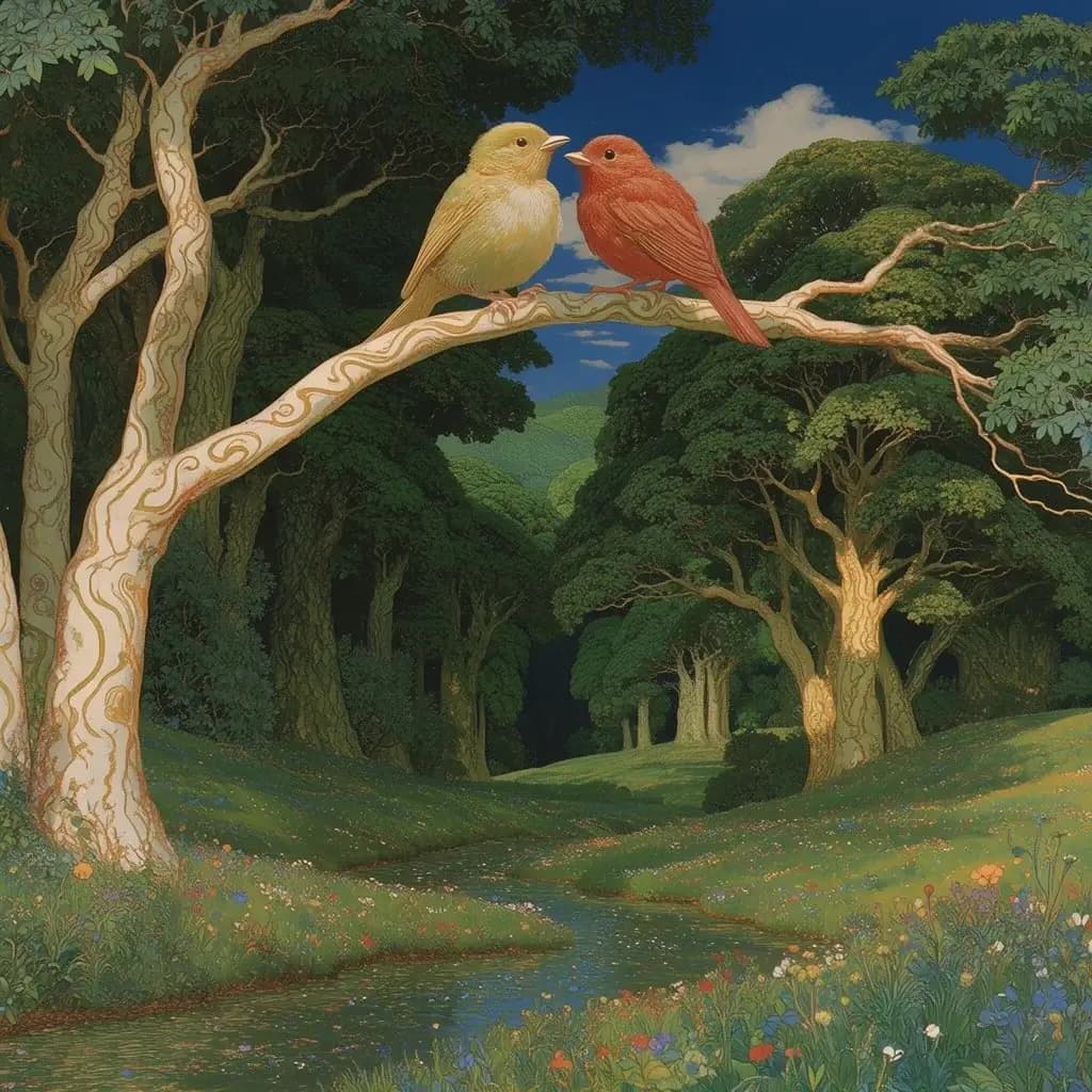 Painted woodland: a yellow bird and a red bird side by side on an arching pale branch above a stream