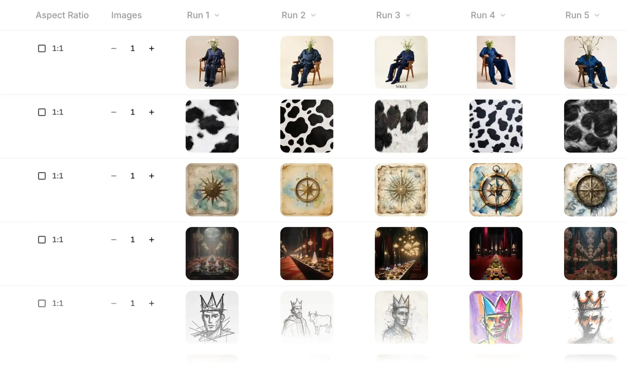 Batch generation table showing multiple prompts running across models