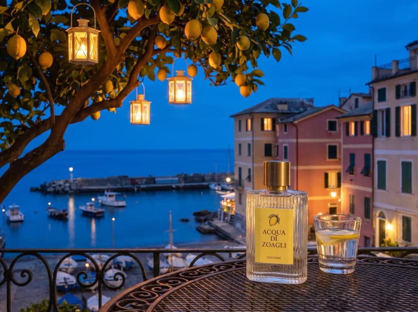 The Acqua di Zoagli bottle on a balcony table at dusk, lanterns in a lemon tree