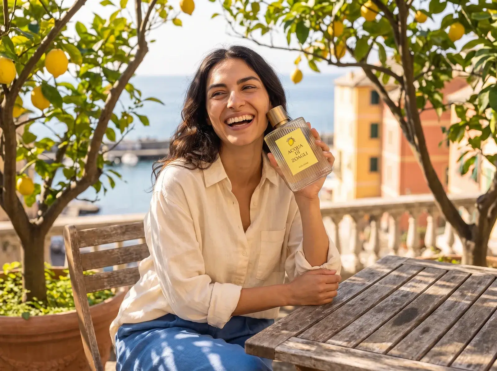 A laughing woman holding the bottle under a lemon tree