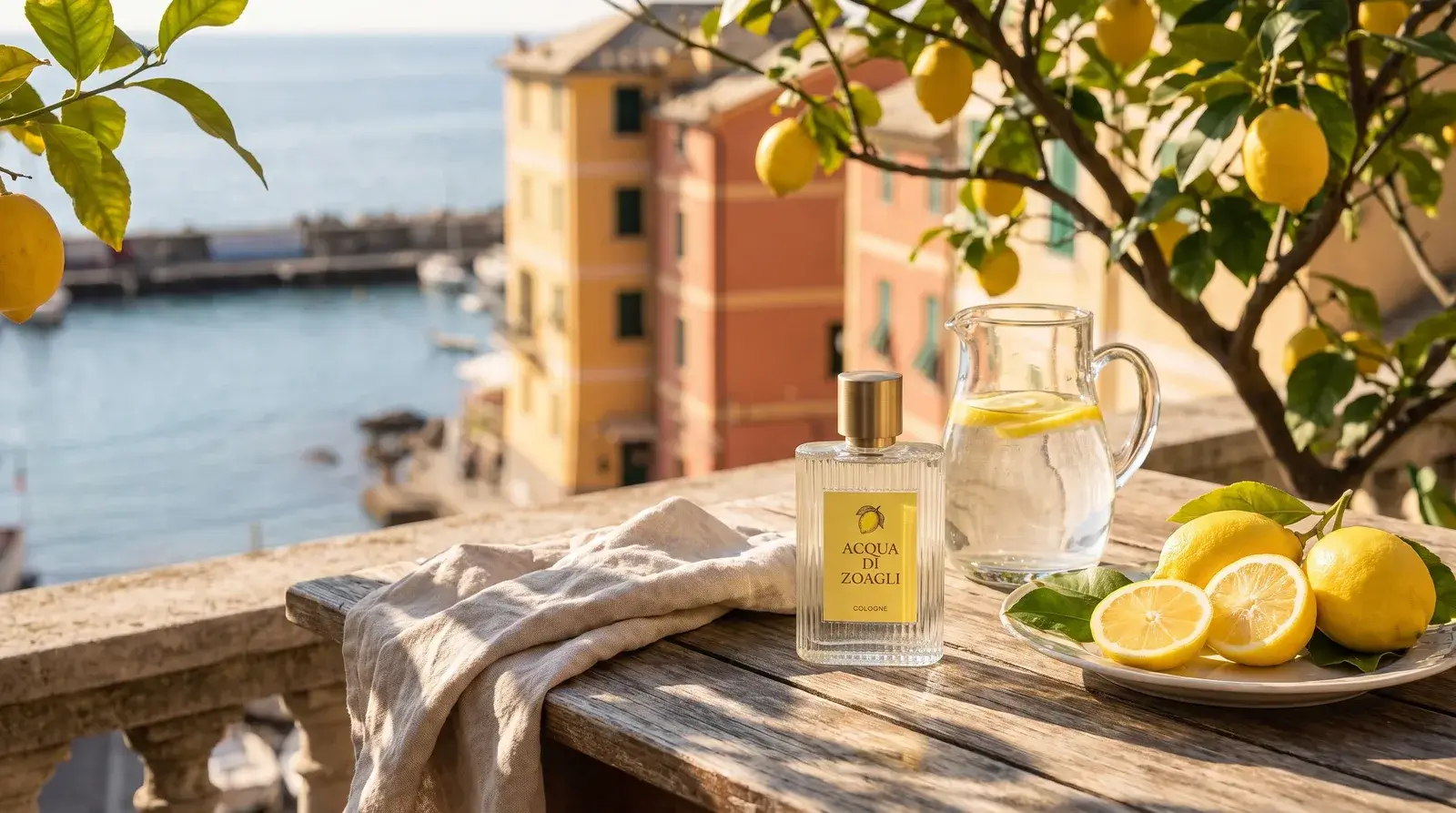 The bottle on a wooden table under a lemon tree, lemons and a pitcher beside it