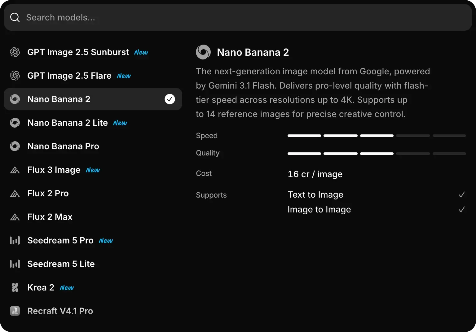 The model menu with Nano Banana 2 highlighted. Its details show Cost: 16 cr / image.