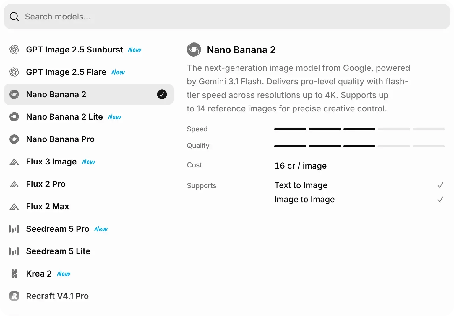 The model menu with Nano Banana 2 highlighted. Its details show Cost: 16 cr / image.
