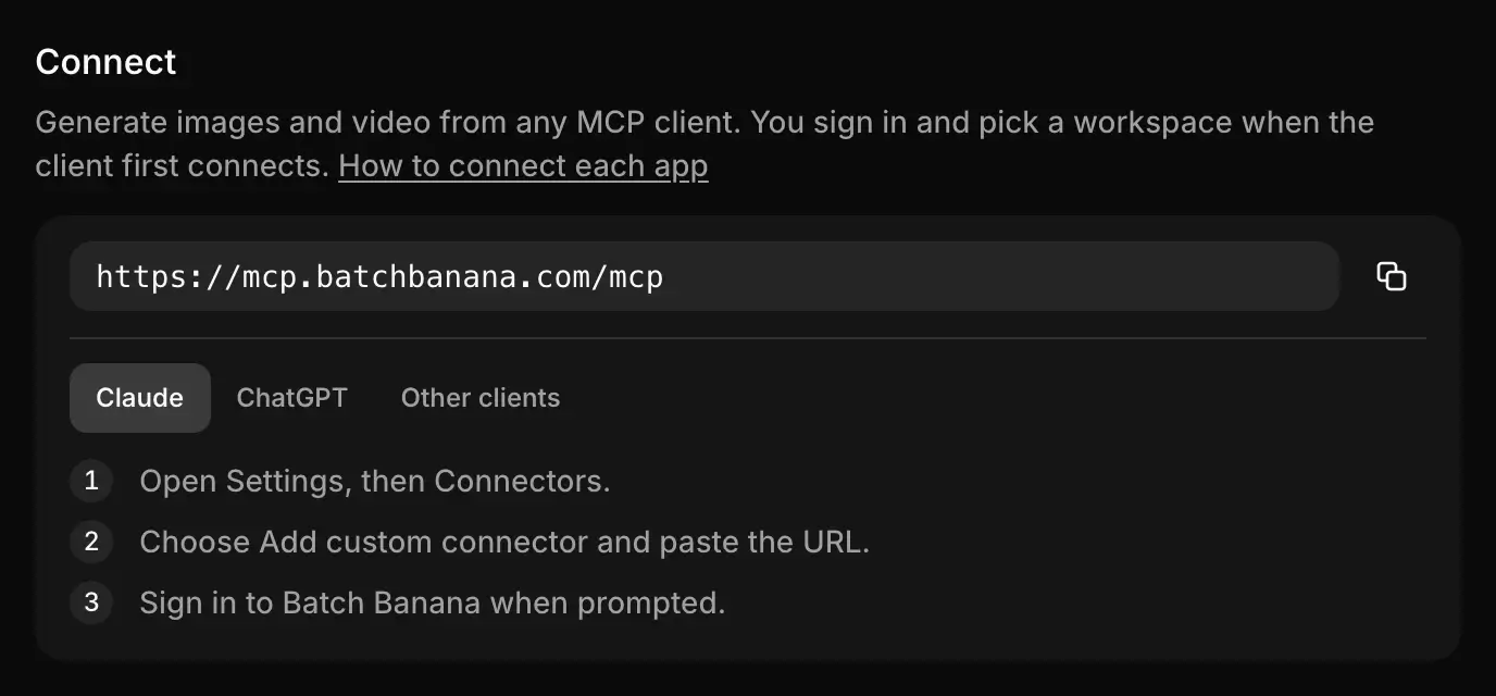 The Connect section in Settings > MCP: the server URL with a copy button, and tabs for Claude, ChatGPT and Other clients, with Claude's three setup steps showing.
