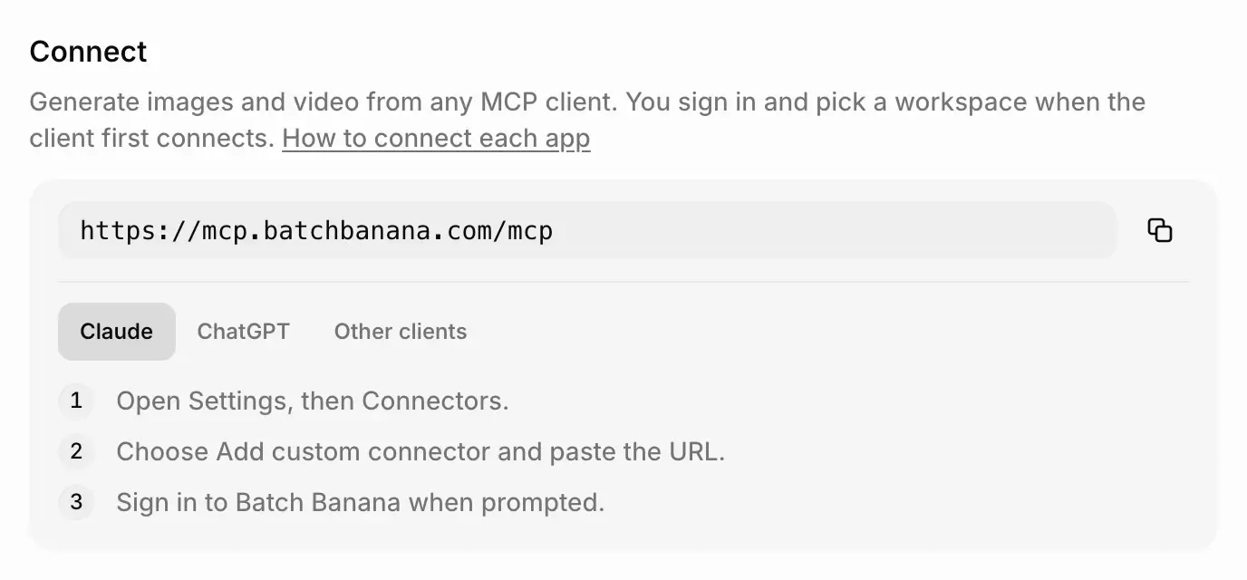 The Connect section in Settings > MCP: the server URL with a copy button, and tabs for Claude, ChatGPT and Other clients, with Claude's three setup steps showing.