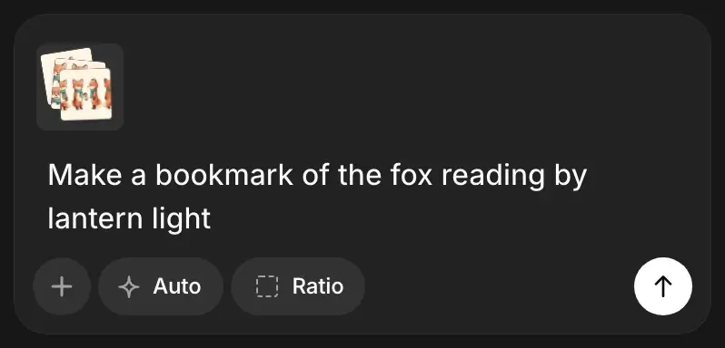 The Agent message box with the Fox collection attached as a tile, a typed request for a bookmark of the fox, and the Auto and Ratio chips below.