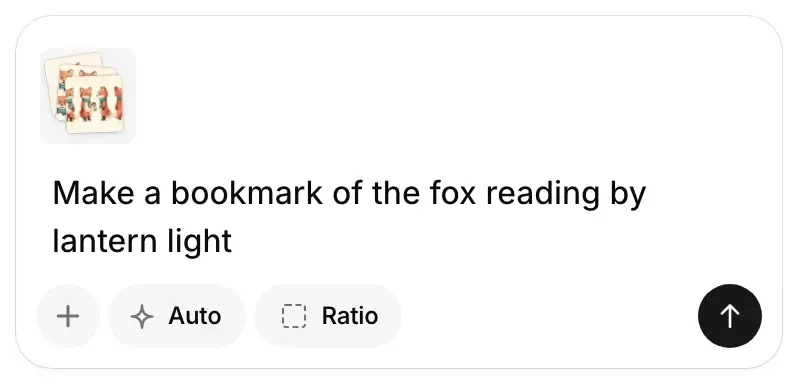The Agent message box with the Fox collection attached as a tile, a typed request for a bookmark of the fox, and the Auto and Ratio chips below.