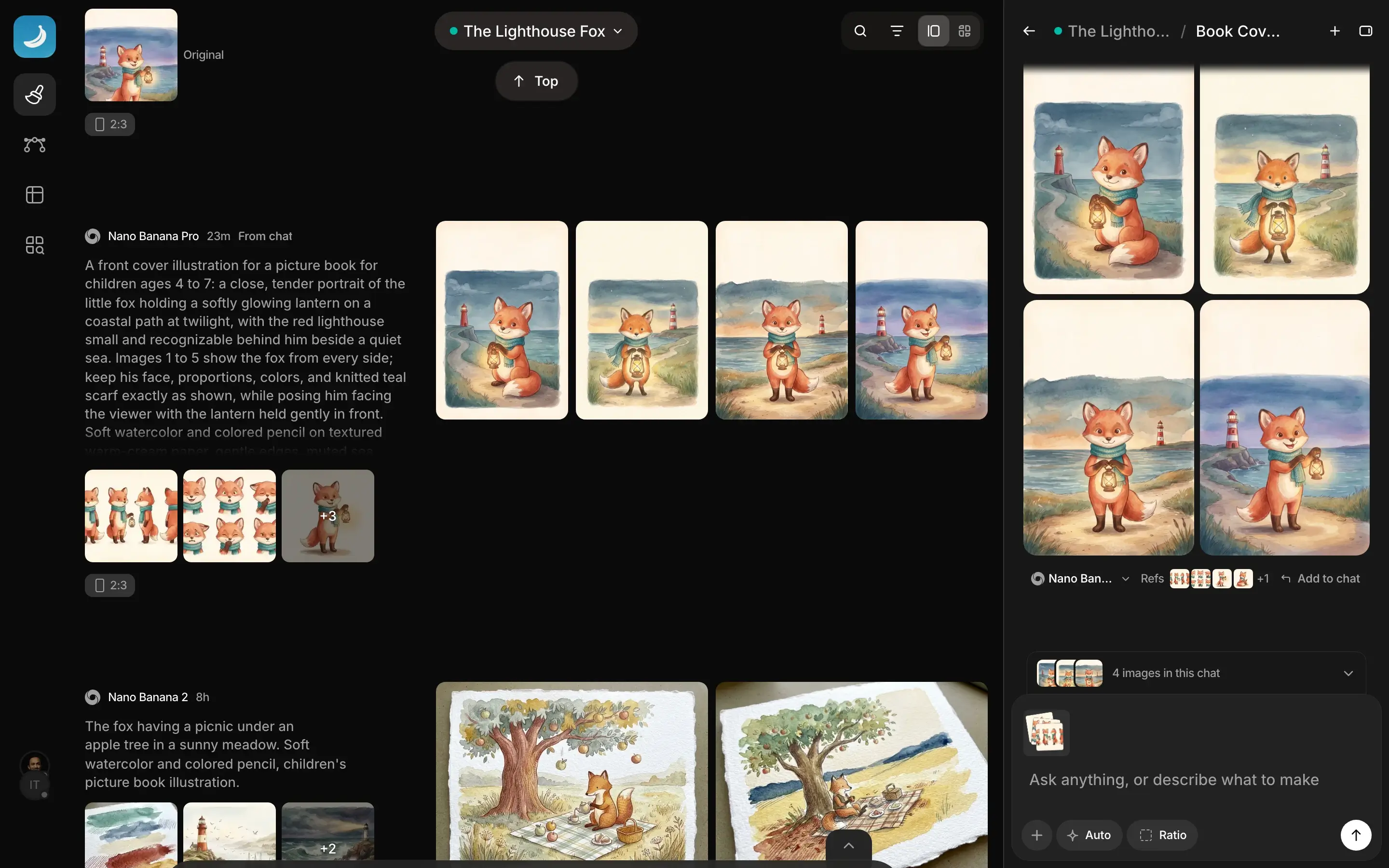 The Create page with Agent open beside the feed. The agent made four picture book covers of the fox with his lantern from the direction the user picked. The same four covers sit in the feed, marked From chat.