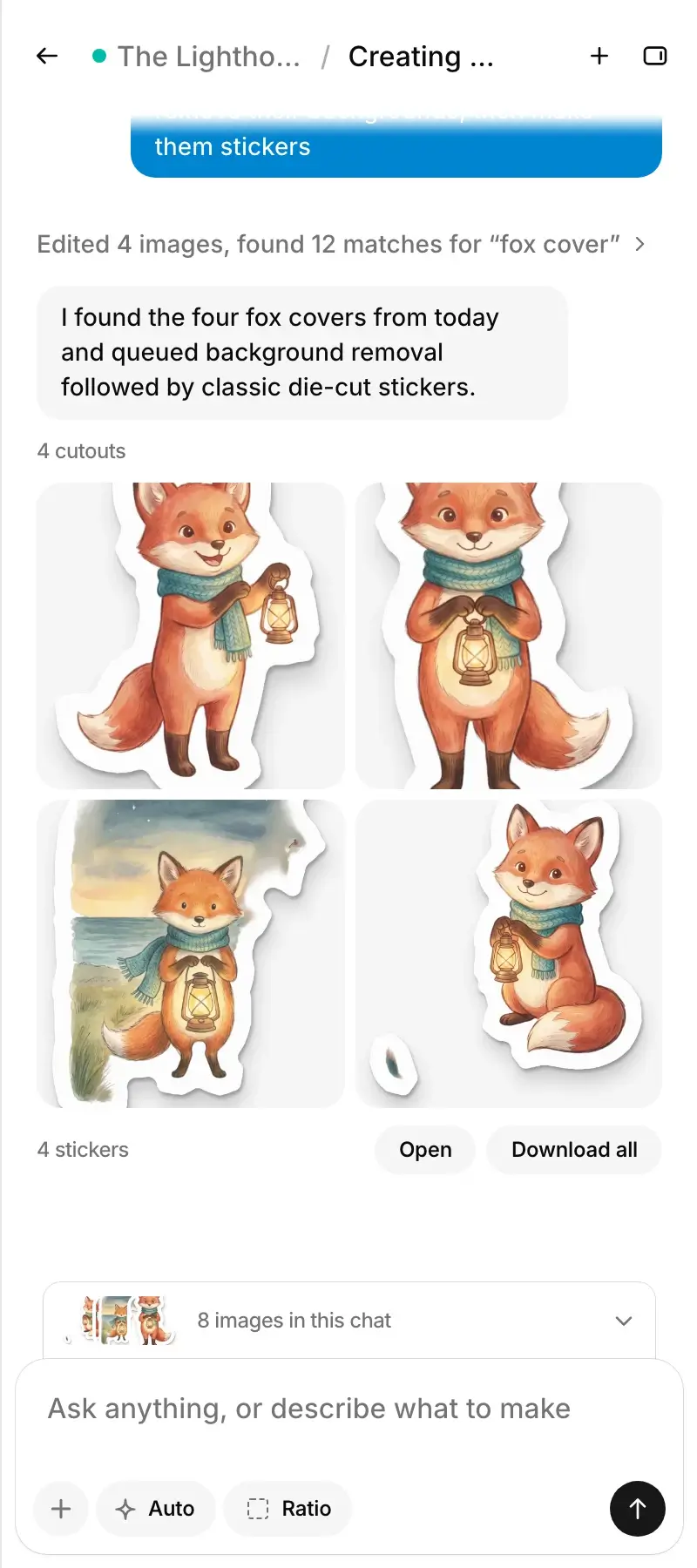 A chat where Agent found the four fox covers, removed their backgrounds and made them into stickers, with Open and Download all under the result.