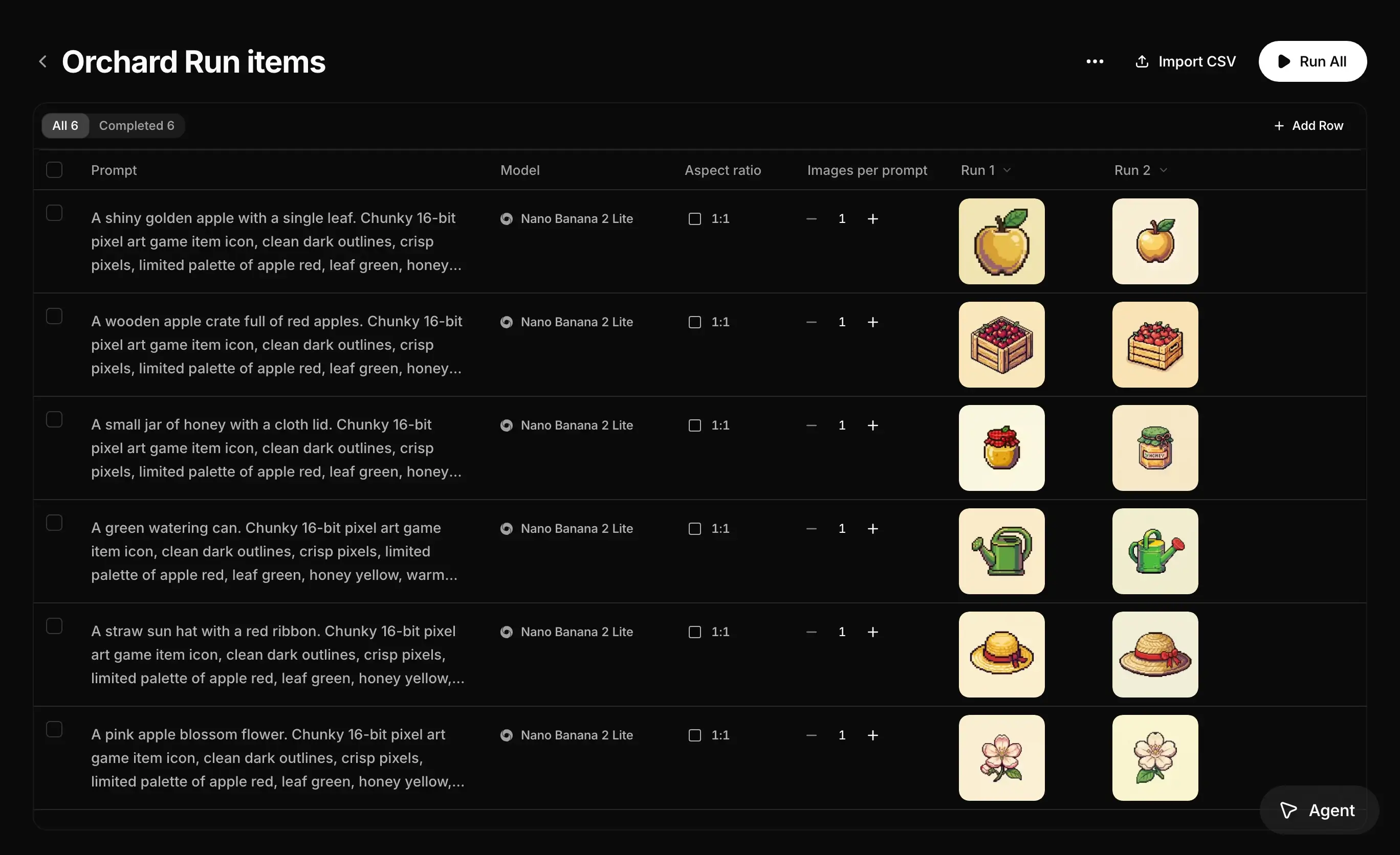 A batch named Orchard Run items: six prompts for pixel art game items with their model, aspect ratio and images per prompt, and two run columns of finished items side by side.