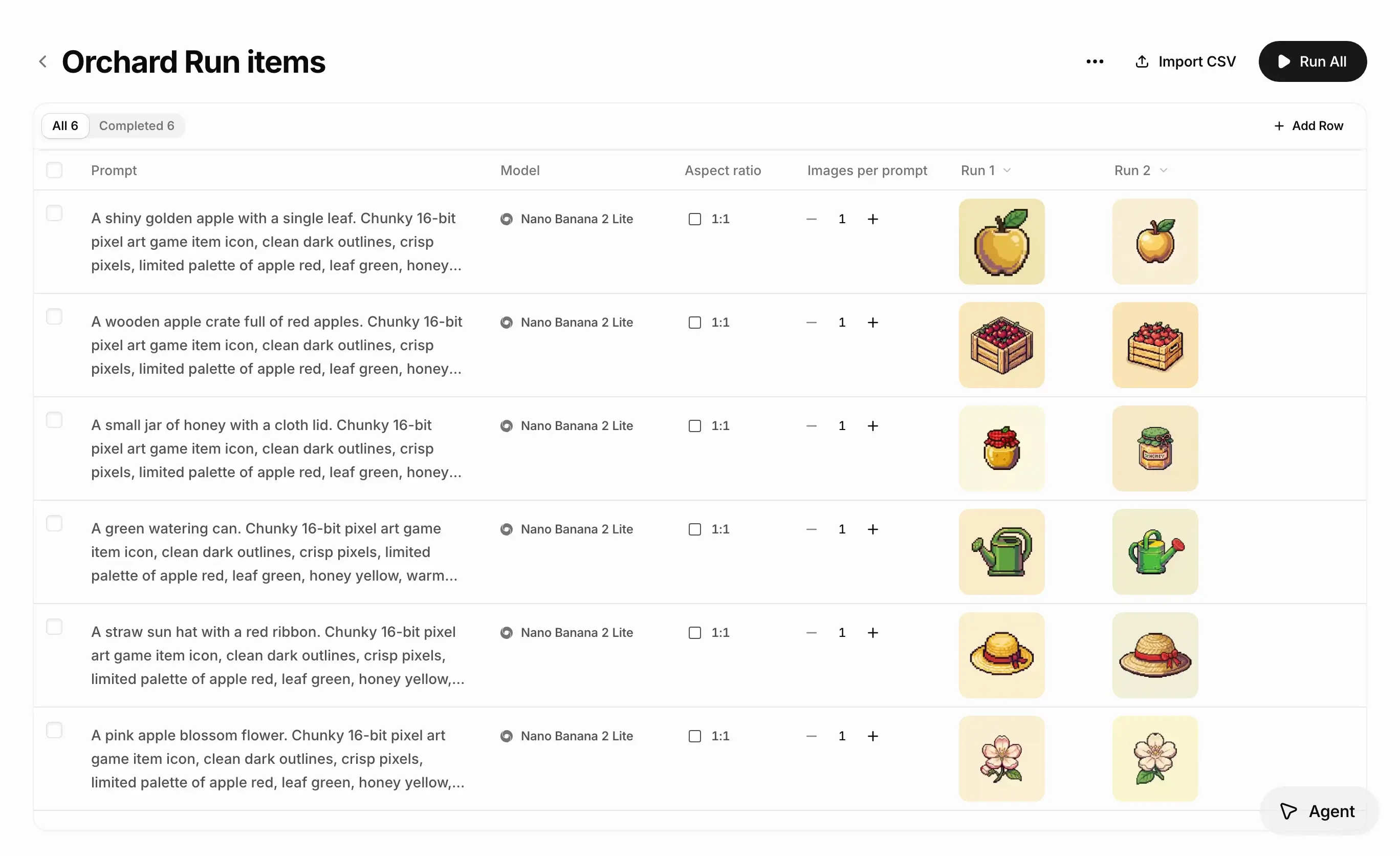 A batch named Orchard Run items: six prompts for pixel art game items with their model, aspect ratio and images per prompt, and two run columns of finished items side by side.