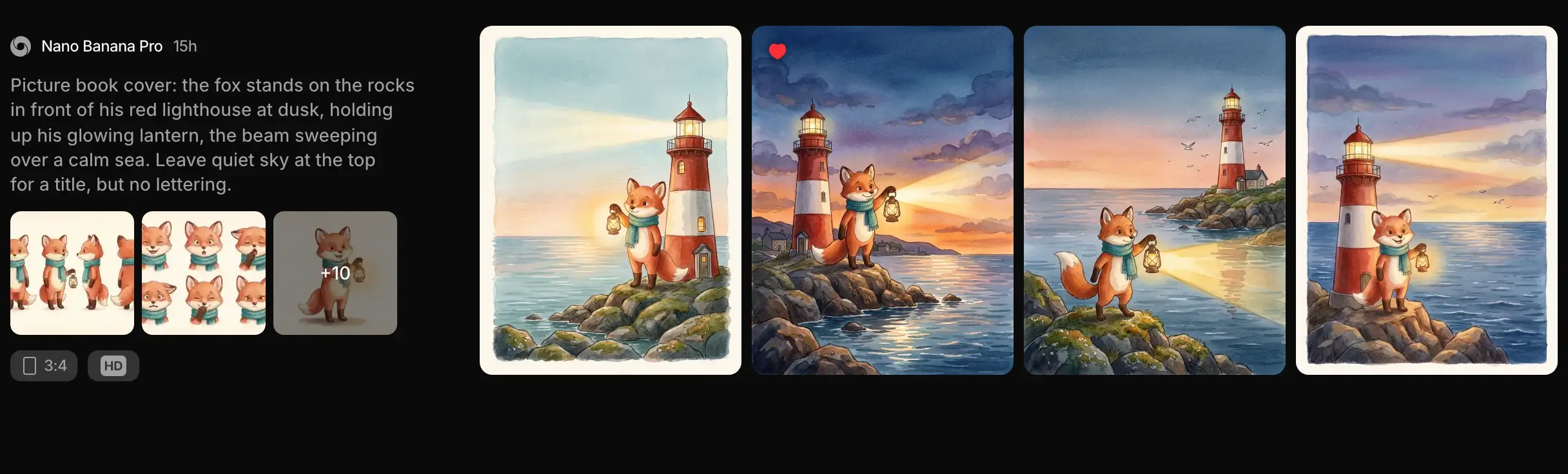 A row in the feed: the prompt for a picture book cover, made with Nano Banana Pro, and the four 3:4 watercolor covers of a fox and his lighthouse it produced.