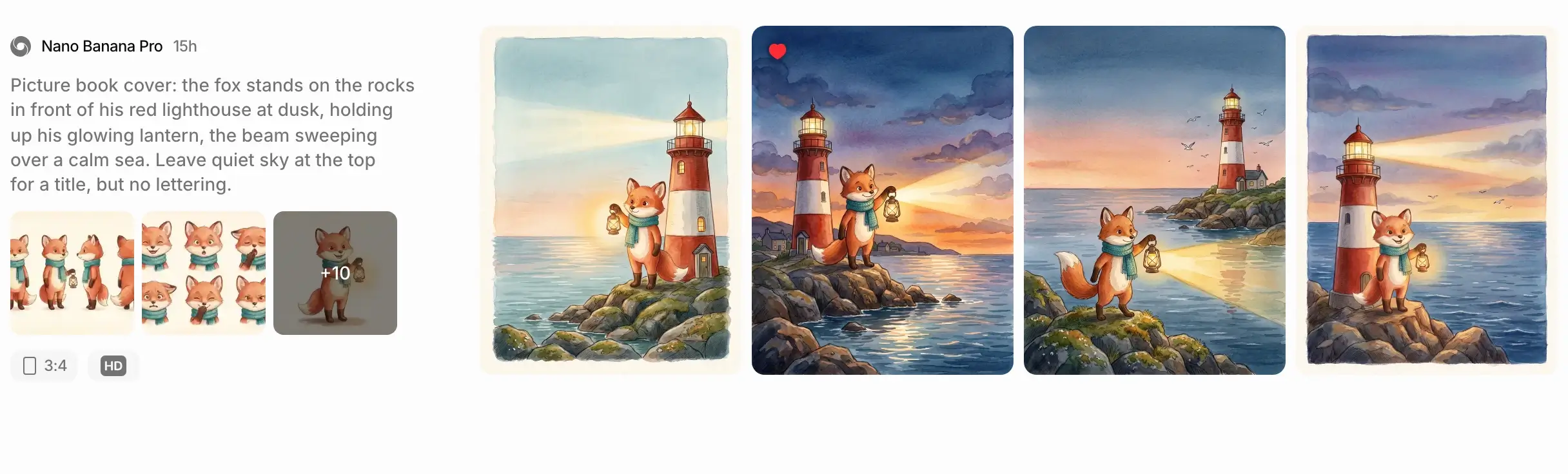 A row in the feed: the prompt for a picture book cover, made with Nano Banana Pro, and the four 3:4 watercolor covers of a fox and his lighthouse it produced.