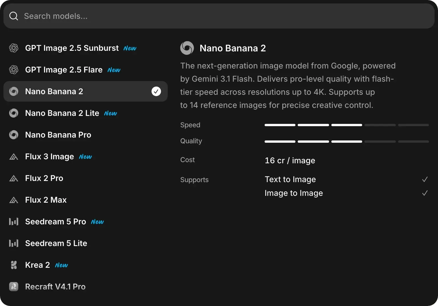 The model menu: a list of model names, and beside it the details of Nano Banana 2 with its speed, quality, a cost of 16 cr per image, and support for text to image and image to image.