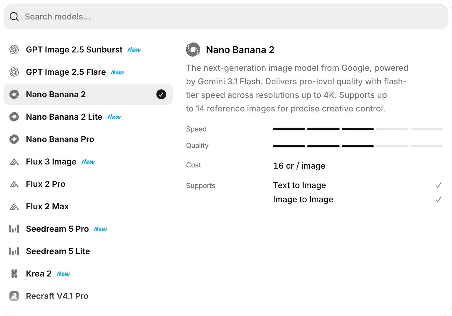 The model menu: a list of model names, and beside it the details of Nano Banana 2 with its speed, quality, a cost of 16 cr per image, and support for text to image and image to image.