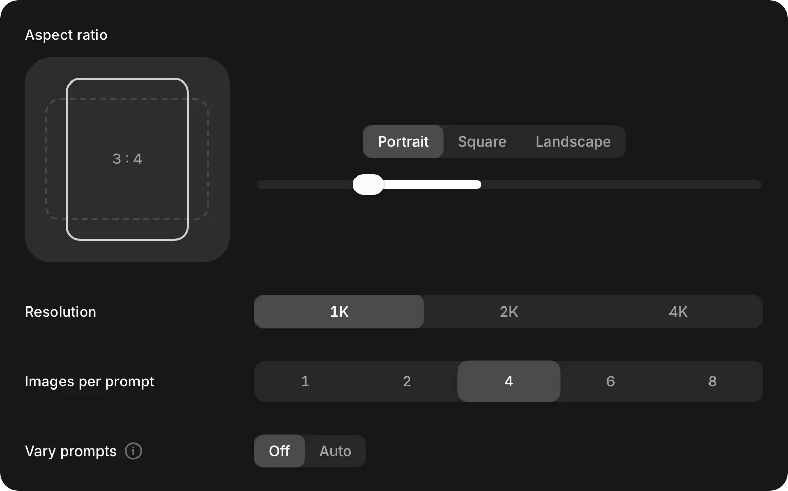 The image settings: Aspect ratio with Portrait selected at 3:4, Resolution 1K, 2K and 4K, Images per prompt from 1 to 8 with 4 selected, and Vary prompts set to Off.