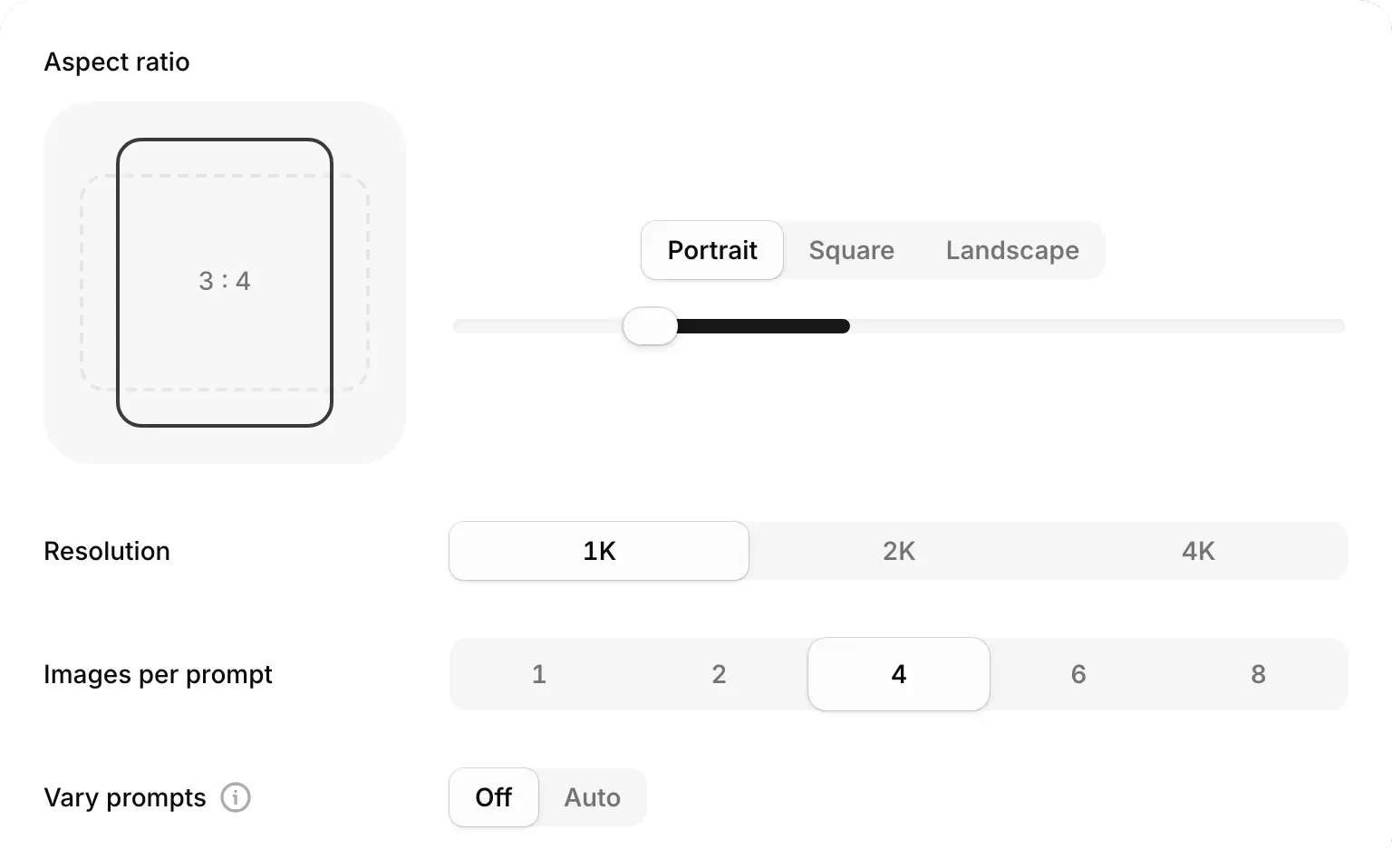 The image settings: Aspect ratio with Portrait selected at 3:4, Resolution 1K, 2K and 4K, Images per prompt from 1 to 8 with 4 selected, and Vary prompts set to Off.