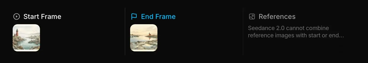 The video tray with a Start Frame of the harbor in fog and an End Frame of the same harbor at sunset, and a note that Seedance 2.0 cannot combine reference images with start or end frames.