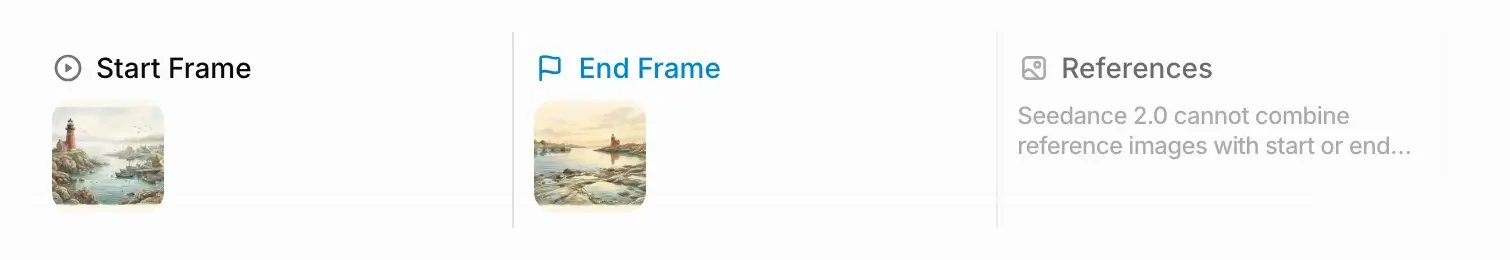 The video tray with a Start Frame of the harbor in fog and an End Frame of the same harbor at sunset, and a note that Seedance 2.0 cannot combine reference images with start or end frames.
