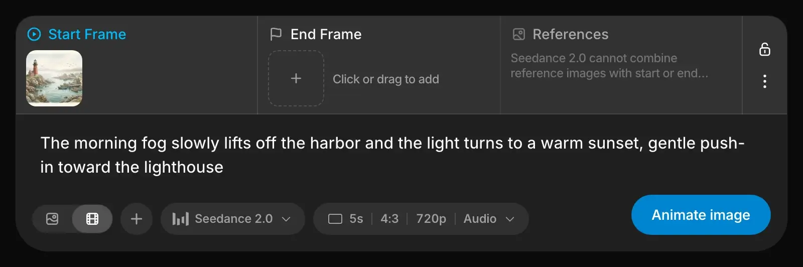The composer in video mode on Seedance 2.0: a painting of the harbor in fog as the start frame, a prompt about the fog lifting into a sunset, and the Animate image button.