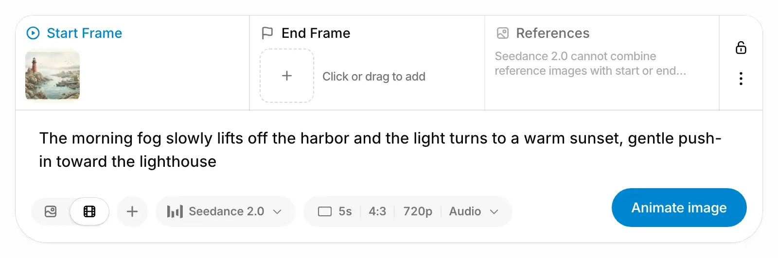 The composer in video mode on Seedance 2.0: a painting of the harbor in fog as the start frame, a prompt about the fog lifting into a sunset, and the Animate image button.