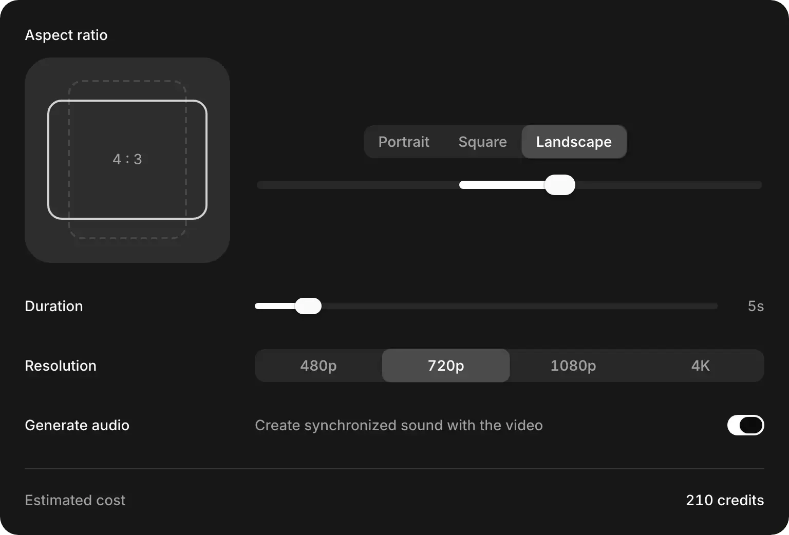 The video settings on Seedance 2.0: Aspect ratio, a Duration slider, Resolution from 480p to 4K, the Generate audio switch, and the Estimated cost in credits.