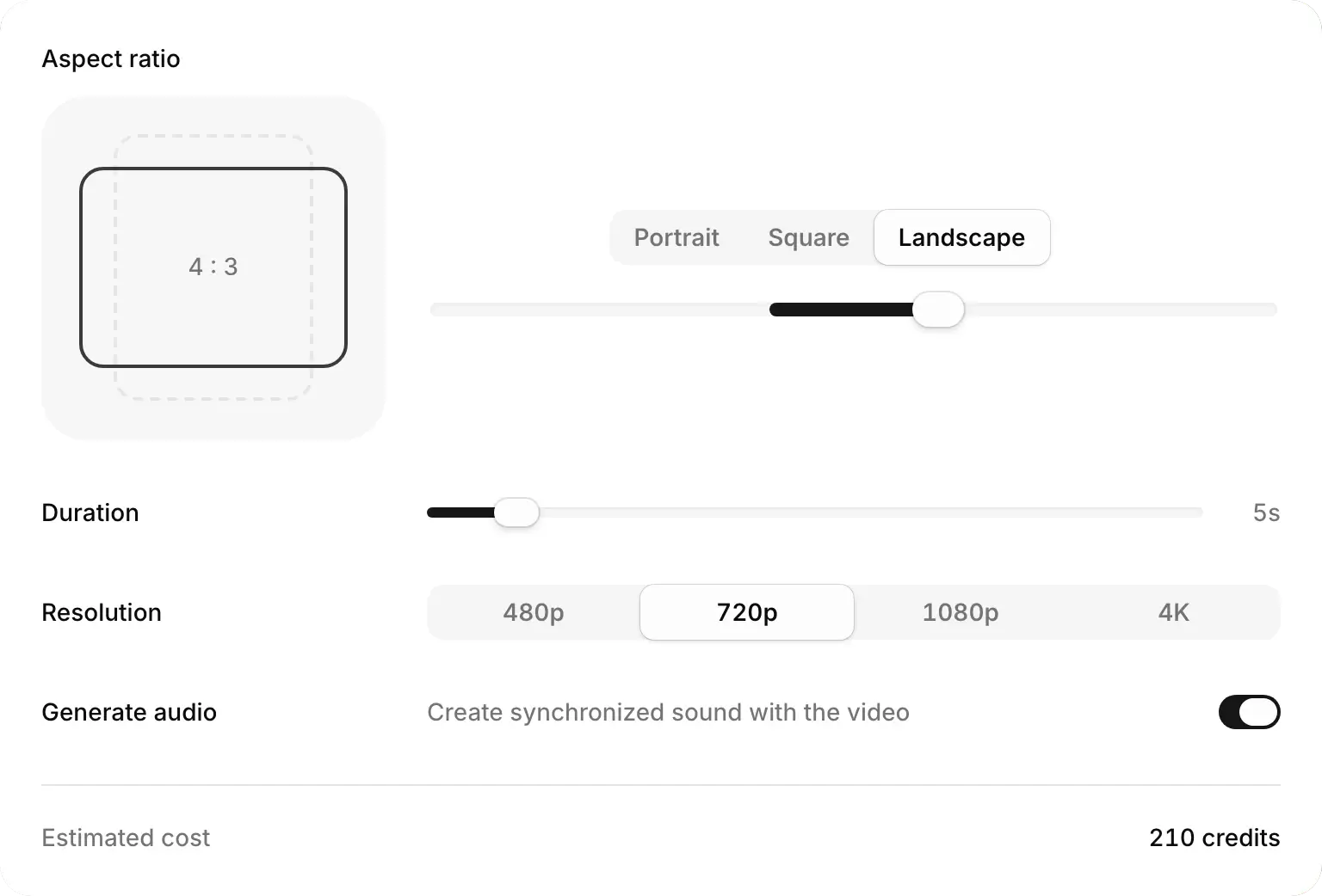 The video settings on Seedance 2.0: Aspect ratio, a Duration slider, Resolution from 480p to 4K, the Generate audio switch, and the Estimated cost in credits.