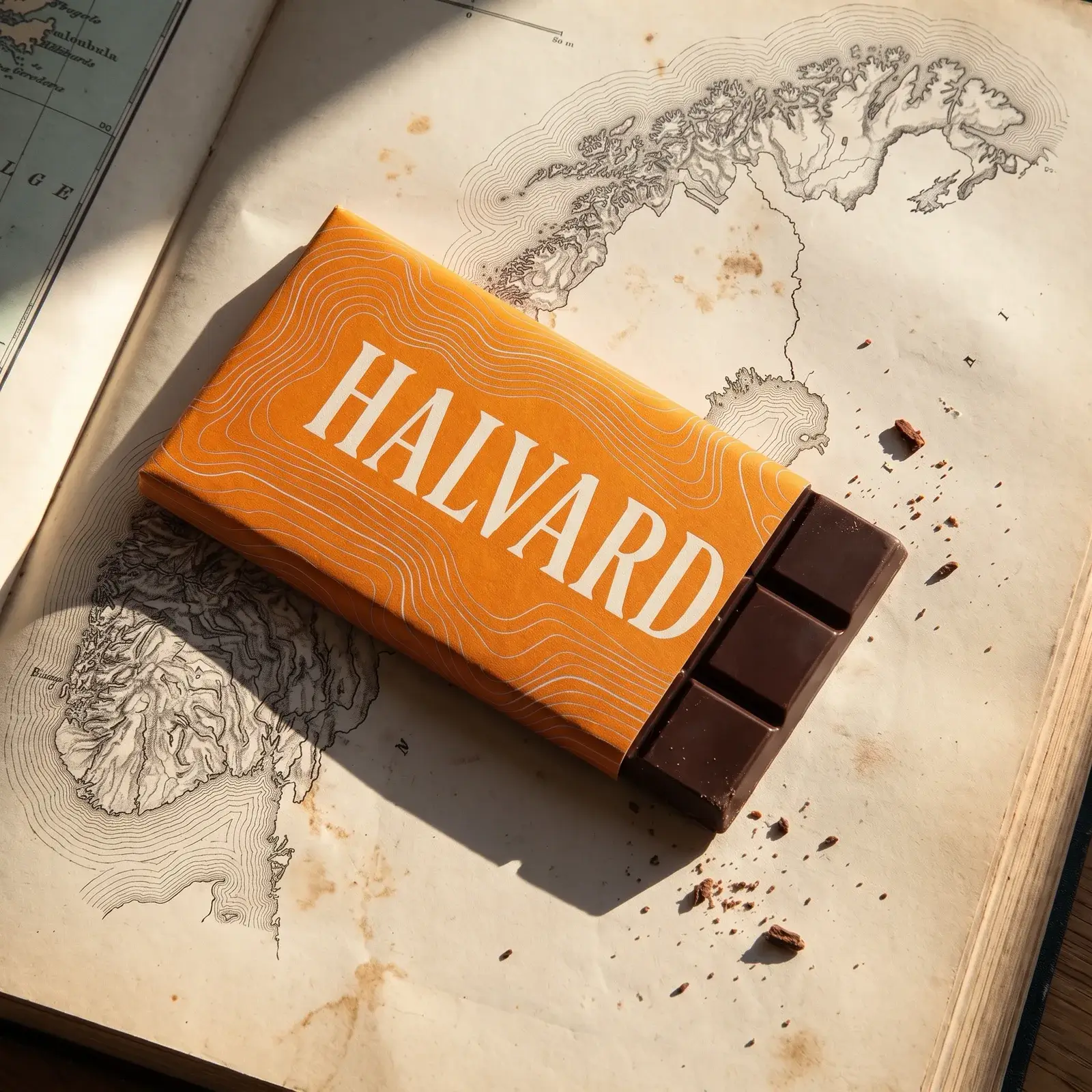 The same Halvard bar and atlas with the wrapper turned cloudberry orange; the contour lines, the lettering, the chocolate and the light are unchanged.