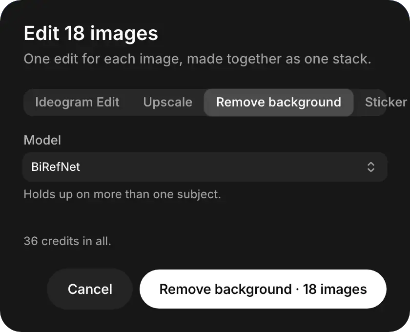 The Edit 18 images window with Remove background chosen on the BiRefNet model, and the line 36 credits in all.