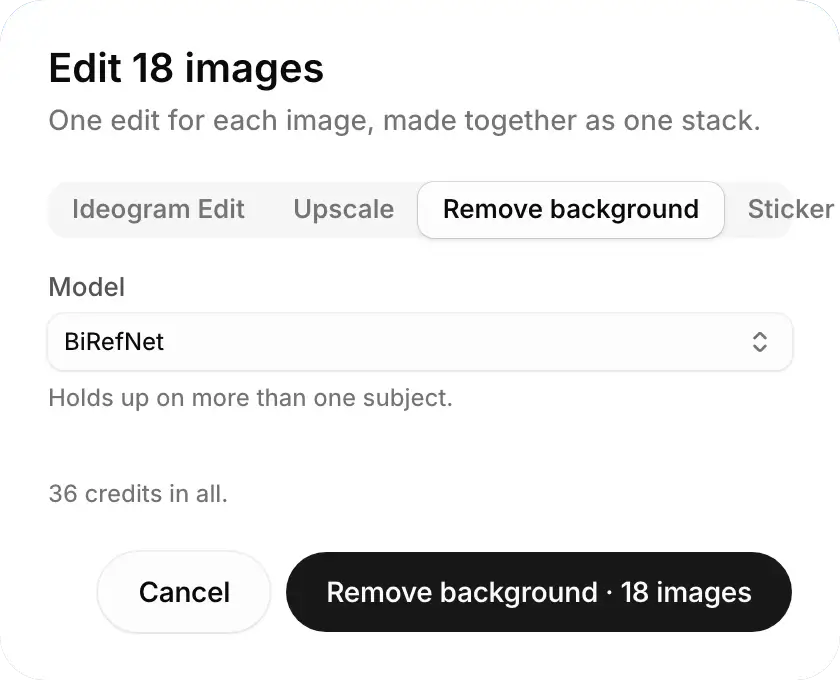 The Edit 18 images window with Remove background chosen on the BiRefNet model, and the line 36 credits in all.
