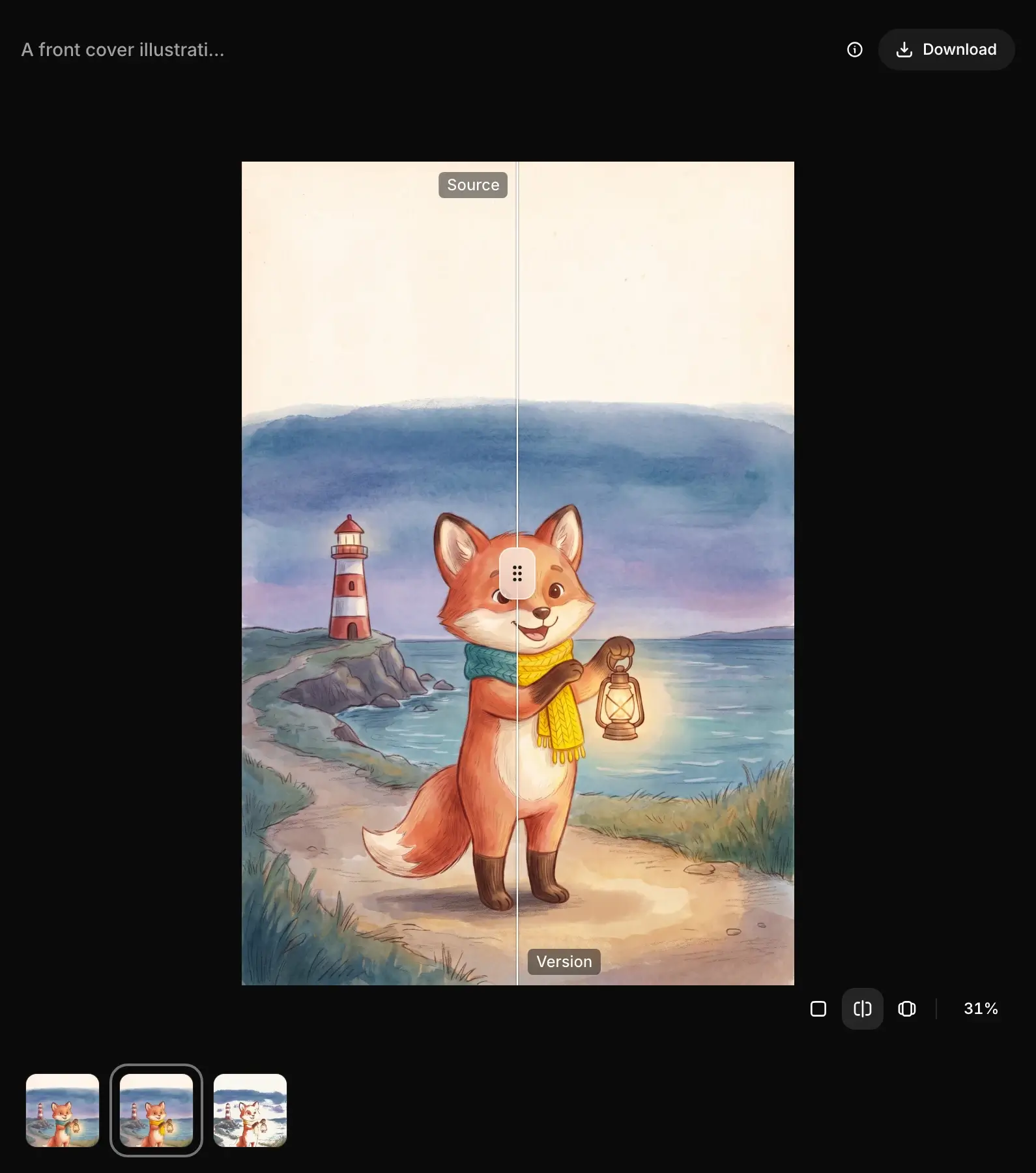The editor in Split view: the original fox in a teal scarf on the left, the Ideogram Edit version with a yellow scarf on the right, and the strip of versions below.