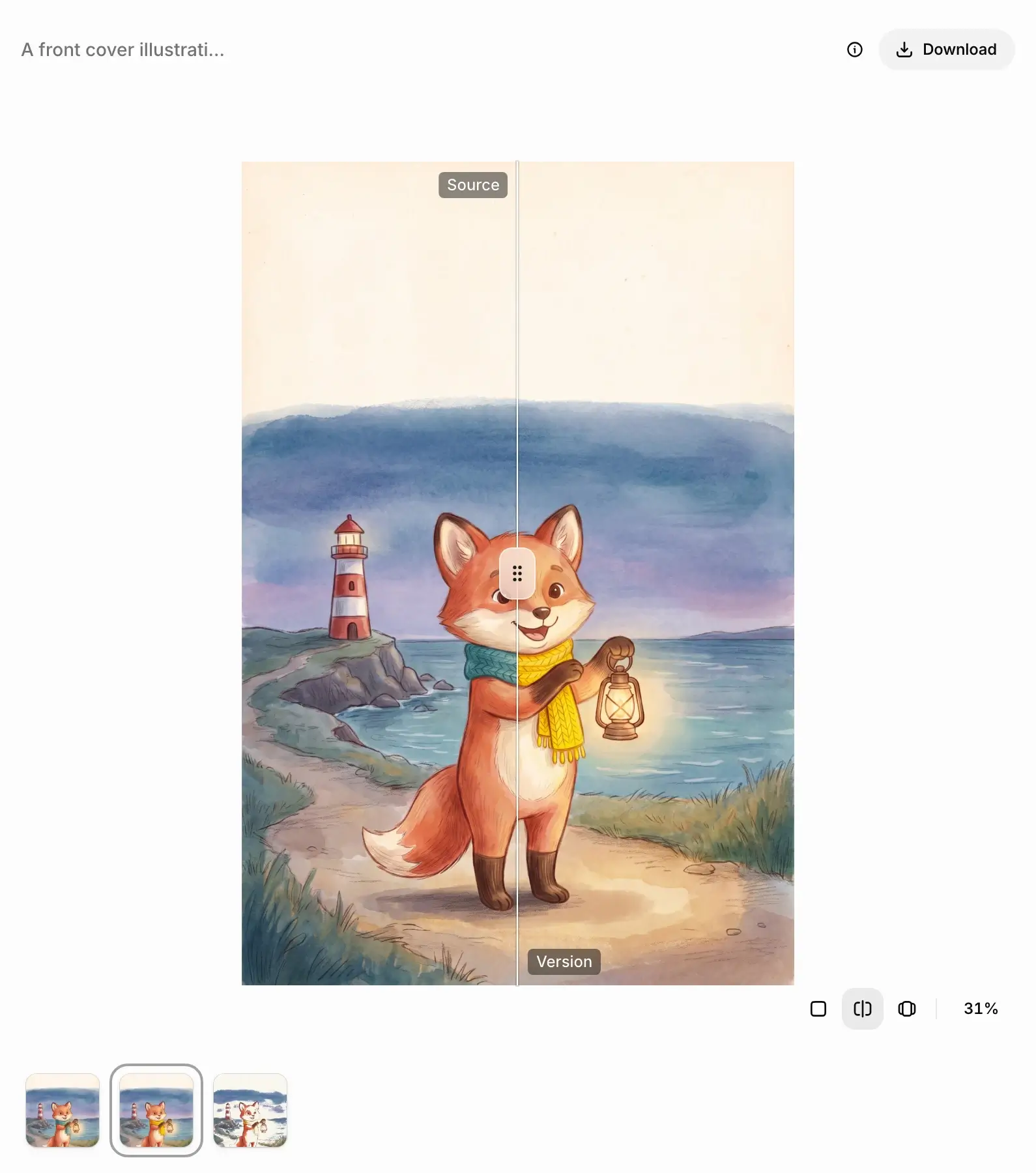The editor in Split view: the original fox in a teal scarf on the left, the Ideogram Edit version with a yellow scarf on the right, and the strip of versions below.