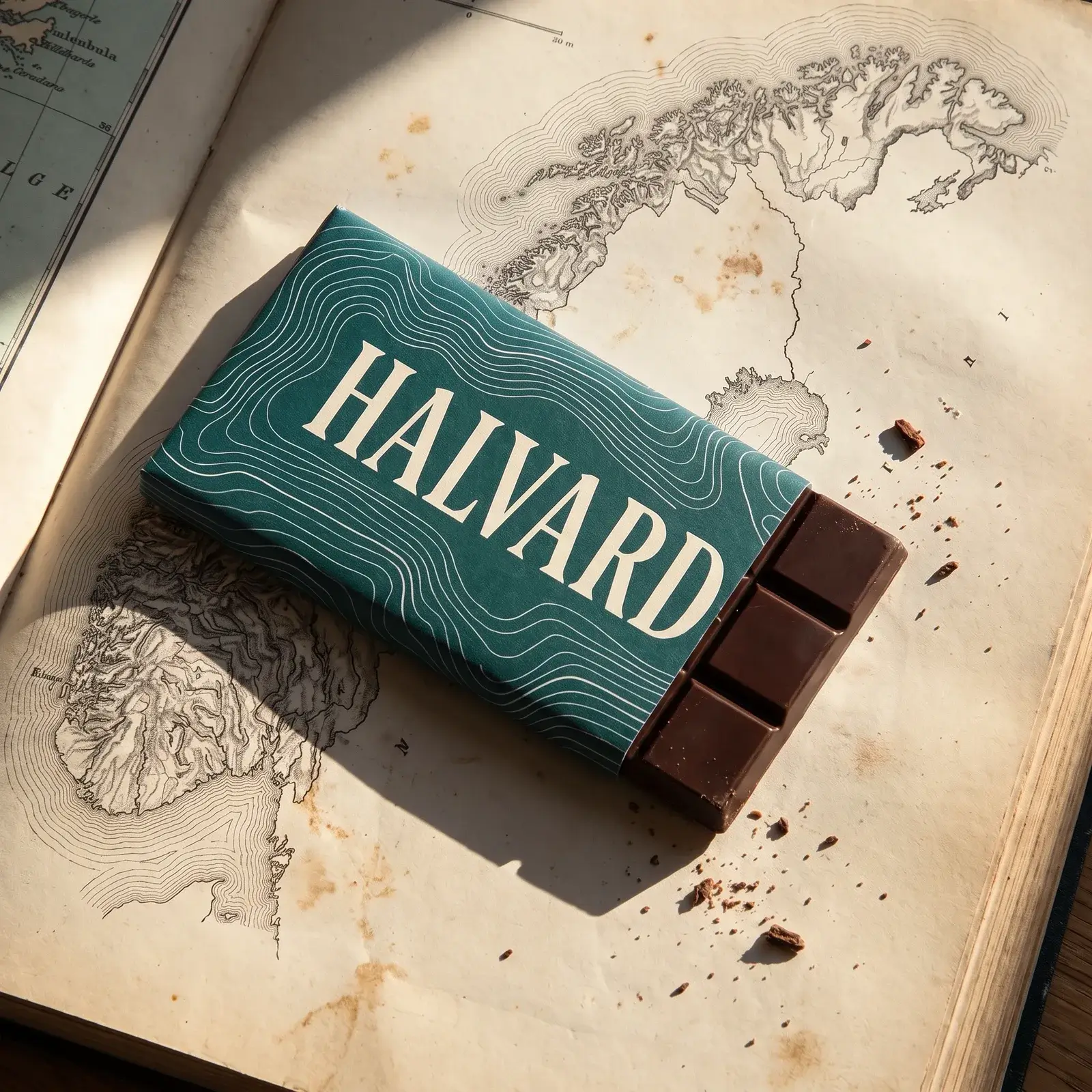 The same Halvard bar and atlas with the wrapper turned deep pine green; the contour lines, the lettering, the chocolate and the light are unchanged.