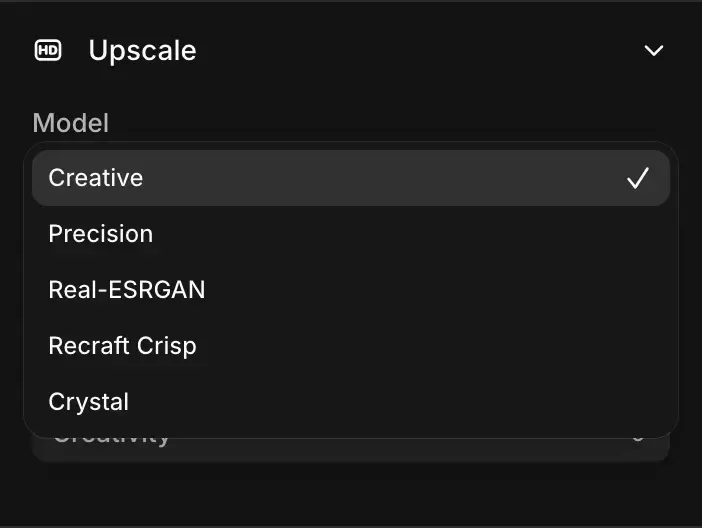 The Upscale tool with its Model menu open, listing Creative, Precision, Real-ESRGAN, Recraft Crisp and Crystal.