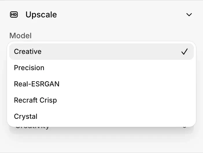 The Upscale tool with its Model menu open, listing Creative, Precision, Real-ESRGAN, Recraft Crisp and Crystal.