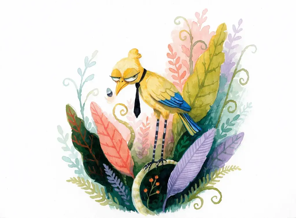 A painted yellow bird with a small crest, blue wing tips, a black tie and black-and-white striped legs, standing on a curled stem among coral, green and lavender leaves and eyeing a tiny seed with half-closed eyes.