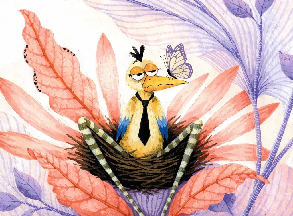 A painted yellow bird with a spiky black crest, a black tie and green-striped legs, sitting in a nest on a giant coral flower, looking bored as a lilac butterfly lands on its beak.