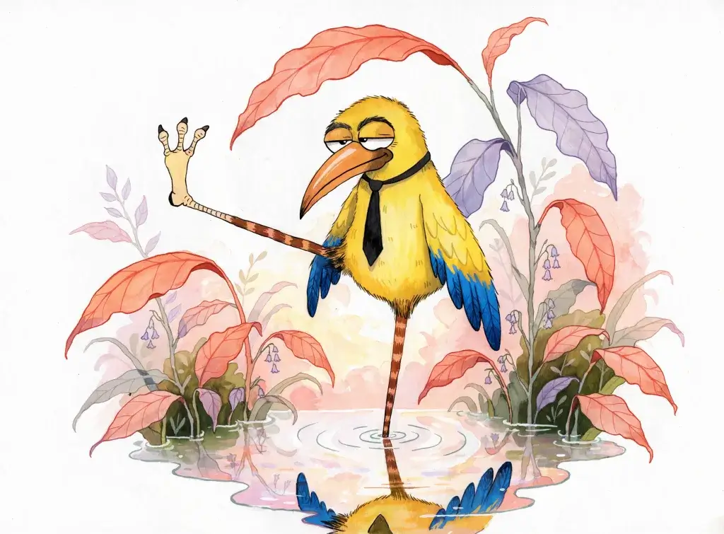 A painted yellow bird with a long beak, blue wings and a black tie, standing on one orange striped leg in a puddle, the other leg raised high, its reflection in the water below.