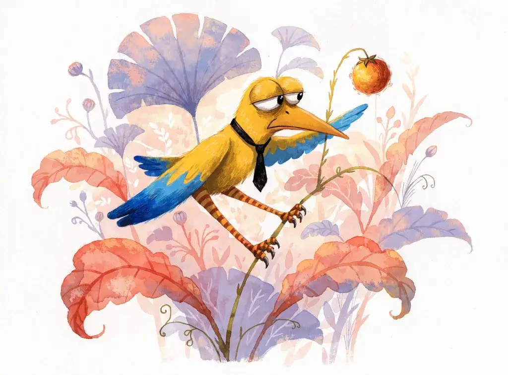 A painted yellow bird with a long orange beak, blue wings, a black tie and orange striped legs, clinging to a bending stem and reaching for a small red fruit among coral and lavender leaves.
