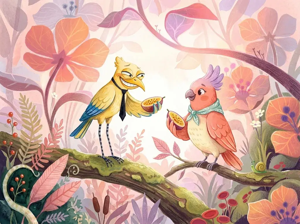 The crested yellow bird in a black tie grins on a mossy branch, holding out half a passion fruit to a coral-pink bird with a lilac crest and a teal scarf, who holds her own half on the next branch.