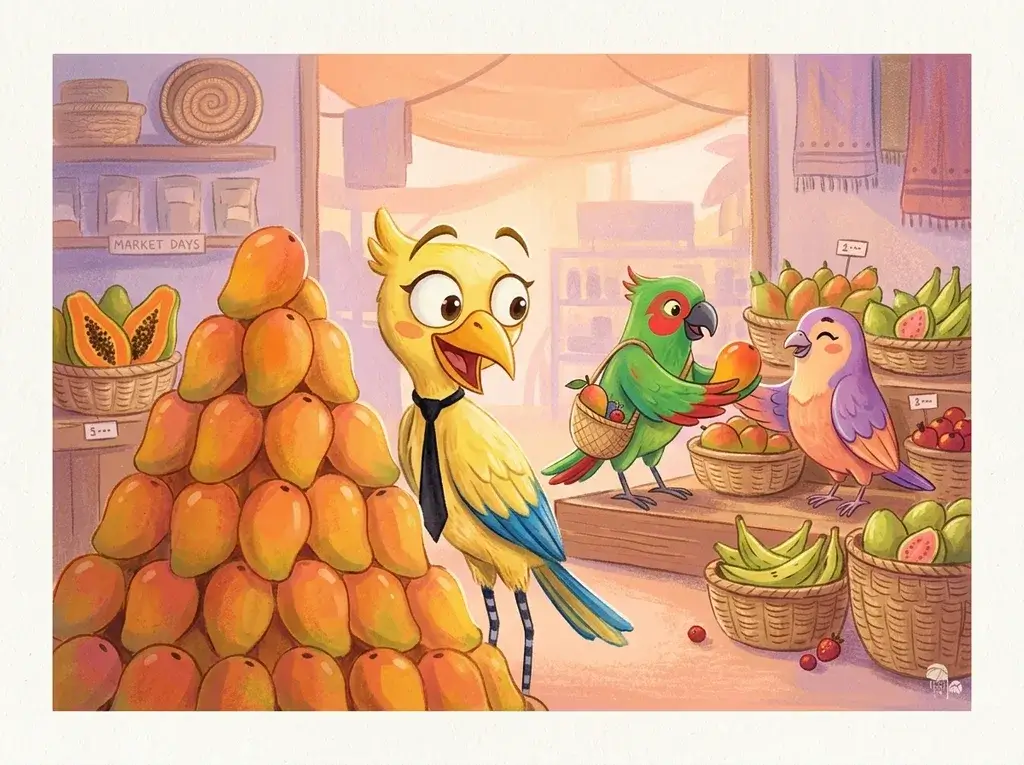 The crested yellow bird in a black tie peeks around a pyramid of mangoes in a market, wide-eyed and smiling, while a green parrot hands a mango to a lilac bird beside baskets of fruit.