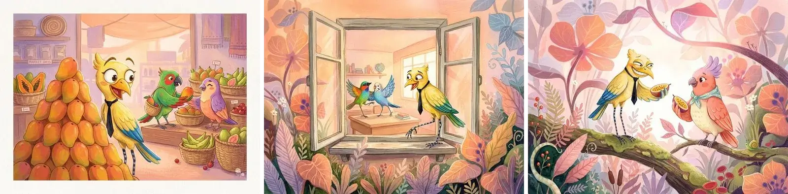 A painted yellow bird in a black tie in three scenes: peeking around a pyramid of mangoes in a market, stepping along a classroom window sill while two birds dance inside, and offering half a passion fruit to a pink bird on a mossy branch.