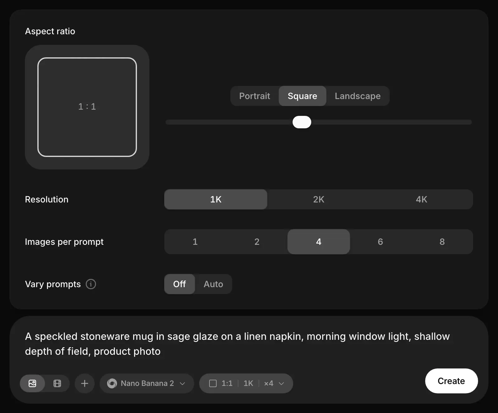 The image settings open above the prompt: Aspect ratio Square, Resolution 1K, Images per prompt 4 and Vary prompts Off, with Nano Banana 2 selected and the mug prompt typed.