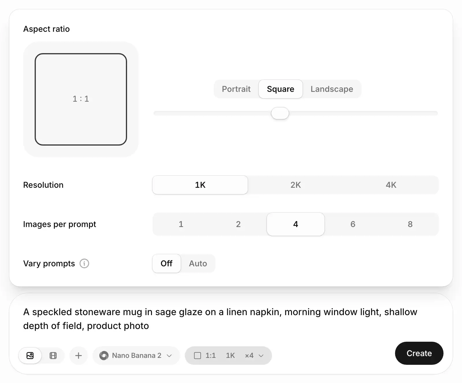 The image settings open above the prompt: Aspect ratio Square, Resolution 1K, Images per prompt 4 and Vary prompts Off, with Nano Banana 2 selected and the mug prompt typed.