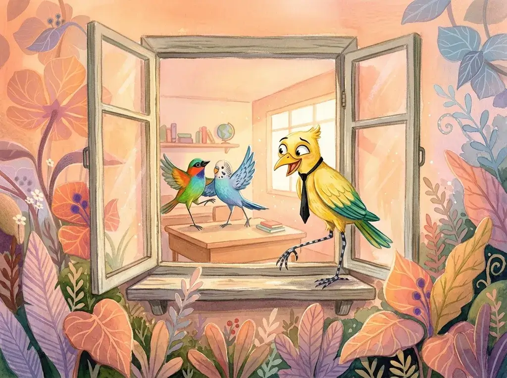 The crested yellow bird in a black tie steps along an open window sill, beak open in delight, watching two small birds dance on a desk in the classroom inside, framed by coral and lavender leaves.